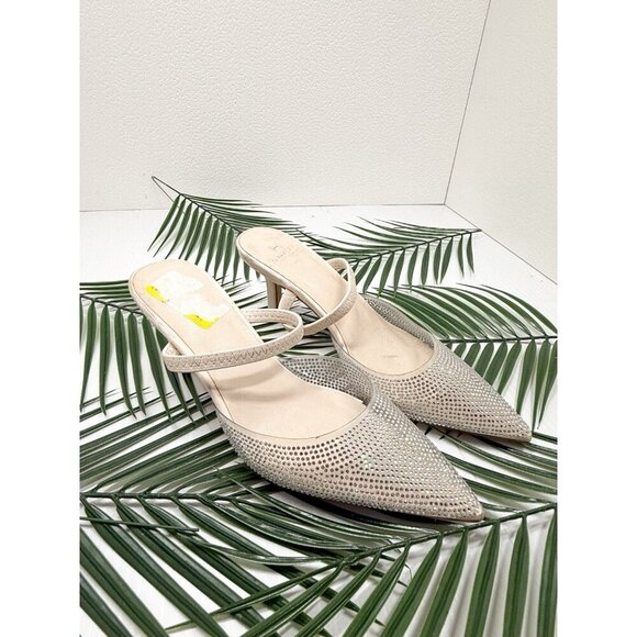 Halston Women's Gray Leather Yasmine Embellished Evening Pointed Toe Mules Sz 7 - Picture 1 of 11